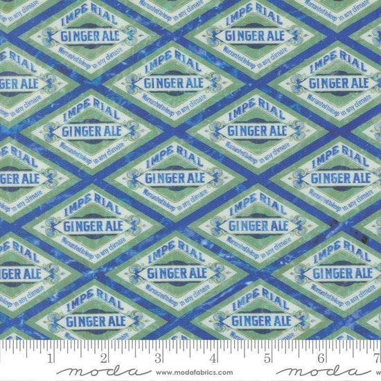 Image of Saltwater Blue Lagoon Ocean quilting cotton fabric by Cathe Holden for Moda Fabrics. Features ginger ale ads on a blue background. Cute Little Fabric Shop.