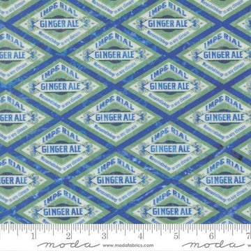 Image of Saltwater Blue Lagoon Ocean quilting cotton fabric by Cathe Holden for Moda Fabrics. Features ginger ale ads on a blue background. Cute Little Fabric Shop.
