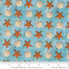Image of Saltwater Sandy Beach Surf quilting cotton fabric by Cathe Holden for Moda Fabrics. Features seashells and starfish on a blue background. Cute Little Fabric Shop.