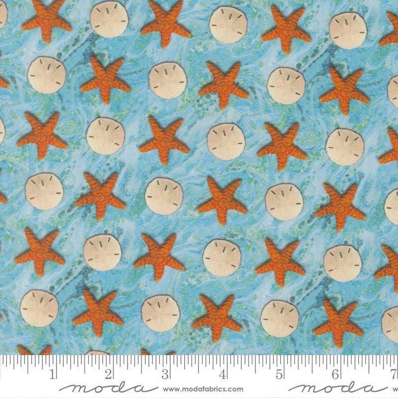 Image of Saltwater Sandy Beach Surf quilting cotton fabric by Cathe Holden for Moda Fabrics. Features seashells and starfish on a blue background. Cute Little Fabric Shop.