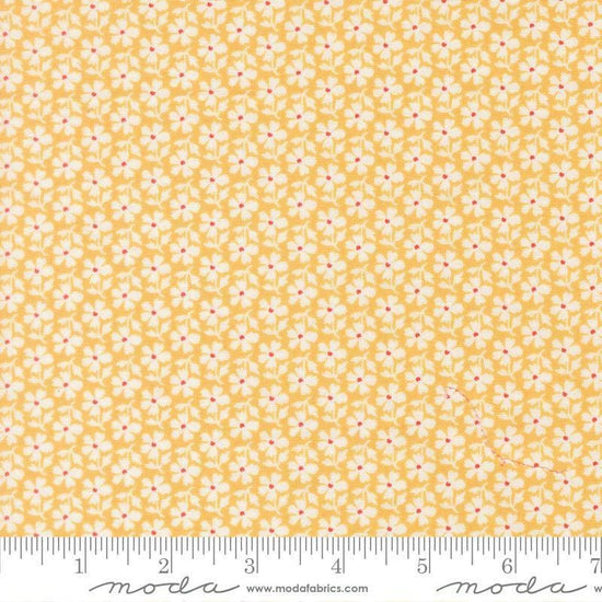 Image of Summers End Daisies Sunflower quilting cotton fabric by Fig Tree Co for Moda Fabrics. Features flowers on a yellow background. Cute Little Fabric Shop.