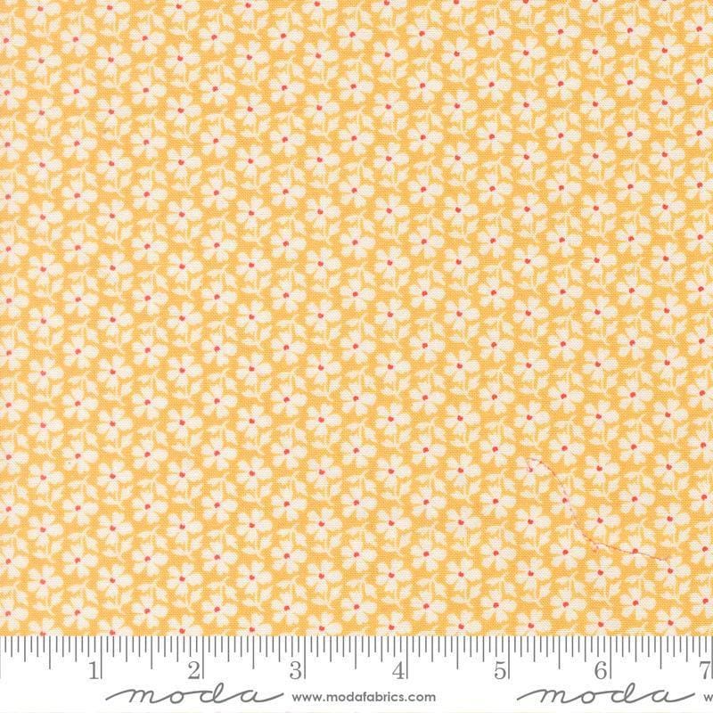 Image of Summers End Daisies Sunflower quilting cotton fabric by Fig Tree Co for Moda Fabrics. Features flowers on a yellow background. Cute Little Fabric Shop.