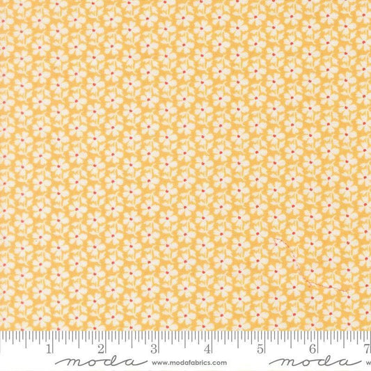 Image of Summers End Daisies Sunflower quilting cotton fabric by Fig Tree Co for Moda Fabrics. Features flowers on a yellow background. Cute Little Fabric Shop.