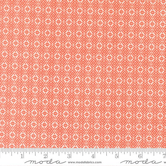 Image of Summers End Trellis Sunflower quilting cotton fabric by Fig Tree Co for Moda Fabrics. Features a geometric pattern on an orange background. Cute Little Fabric Shop.