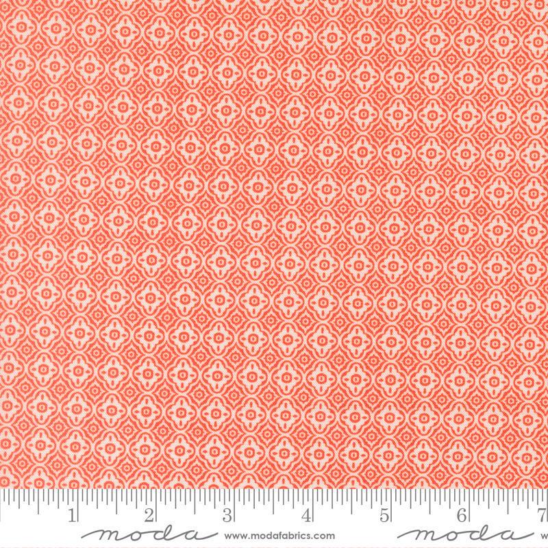 Image of Summers End Trellis Sunflower quilting cotton fabric by Fig Tree Co for Moda Fabrics. Features a geometric pattern on an orange background. Cute Little Fabric Shop.