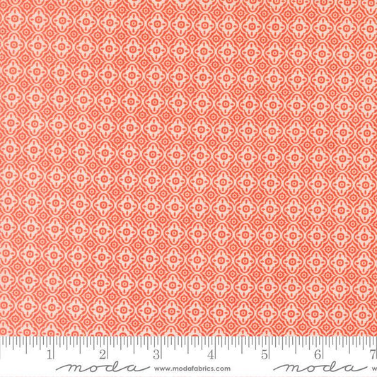 Image of Summers End Trellis Sunflower quilting cotton fabric by Fig Tree Co for Moda Fabrics. Features a geometric pattern on an orange background. Cute Little Fabric Shop.
