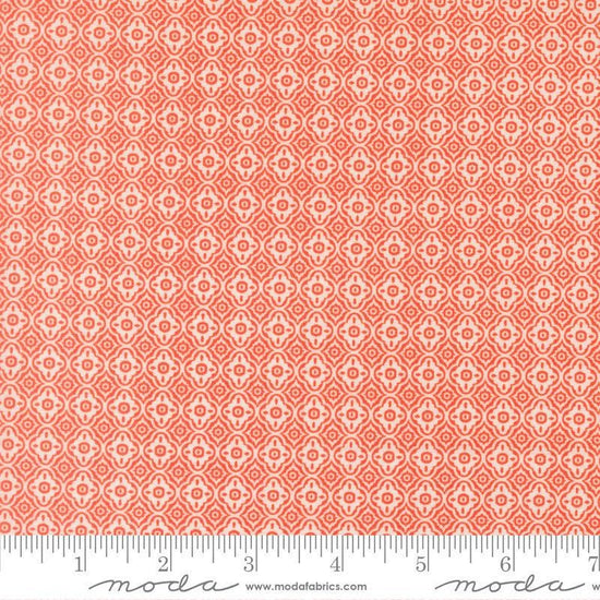 Image of Summers End Trellis Sunflower quilting cotton fabric by Fig Tree Co for Moda Fabrics. Features a geometric pattern on an orange background. Cute Little Fabric Shop.