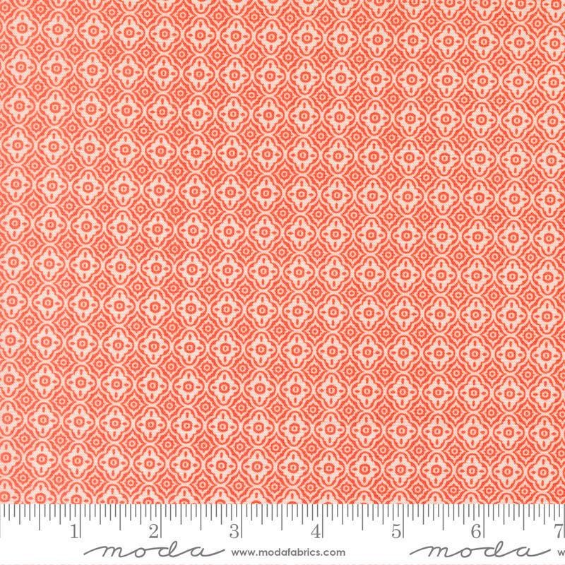 Image of Summers End Trellis Sunflower quilting cotton fabric by Fig Tree Co for Moda Fabrics. Features a geometric pattern on an orange background. Cute Little Fabric Shop.