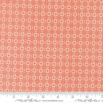 Image of Summers End Trellis Sunflower quilting cotton fabric by Fig Tree Co for Moda Fabrics. Features a geometric pattern on an orange background. Cute Little Fabric Shop.