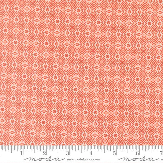 Image of Summers End Trellis Sunflower quilting cotton fabric by Fig Tree Co for Moda Fabrics. Features a geometric pattern on an orange background. Cute Little Fabric Shop.
