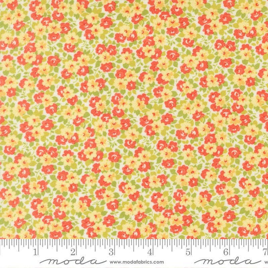 Image of Summers End Meadows Persimmon quilting cotton fabric by Fig Tree Co for Moda Fabrics. Features flowers on a yellow background. Cute Little Fabric Shop.