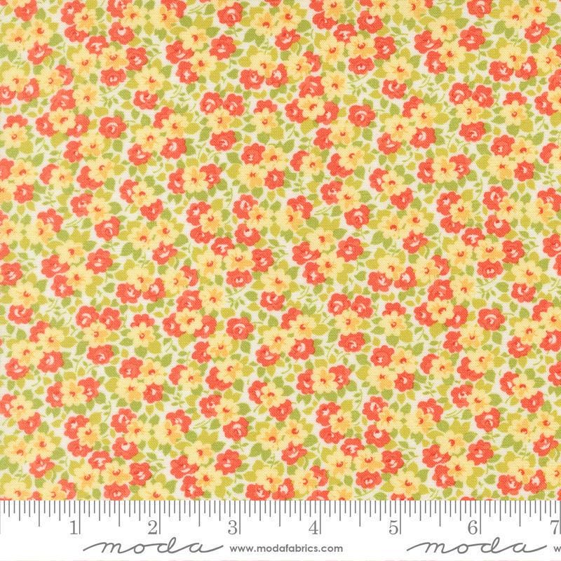 Image of Summers End Meadows Persimmon quilting cotton fabric by Fig Tree Co for Moda Fabrics. Features flowers on a yellow background. Cute Little Fabric Shop.
