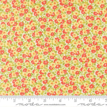 Image of Summers End Meadows Persimmon quilting cotton fabric by Fig Tree Co for Moda Fabrics. Features flowers on a yellow background. Cute Little Fabric Shop.
