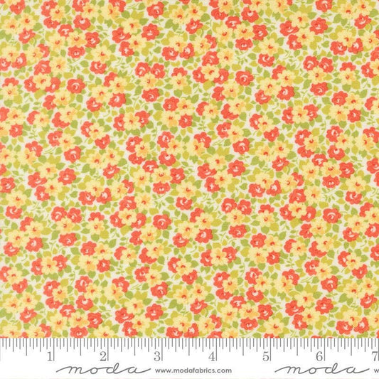 Image of Summers End Meadows Persimmon quilting cotton fabric by Fig Tree Co for Moda Fabrics. Features flowers on a yellow background. Cute Little Fabric Shop.