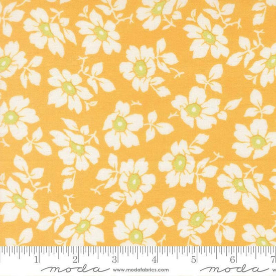 Image of Summers End Cosmos Sunflower quilting cotton fabric by Fig Tree Co for Moda Fabrics. Features flowers on a yellow background. Cute Little Fabric Shop.