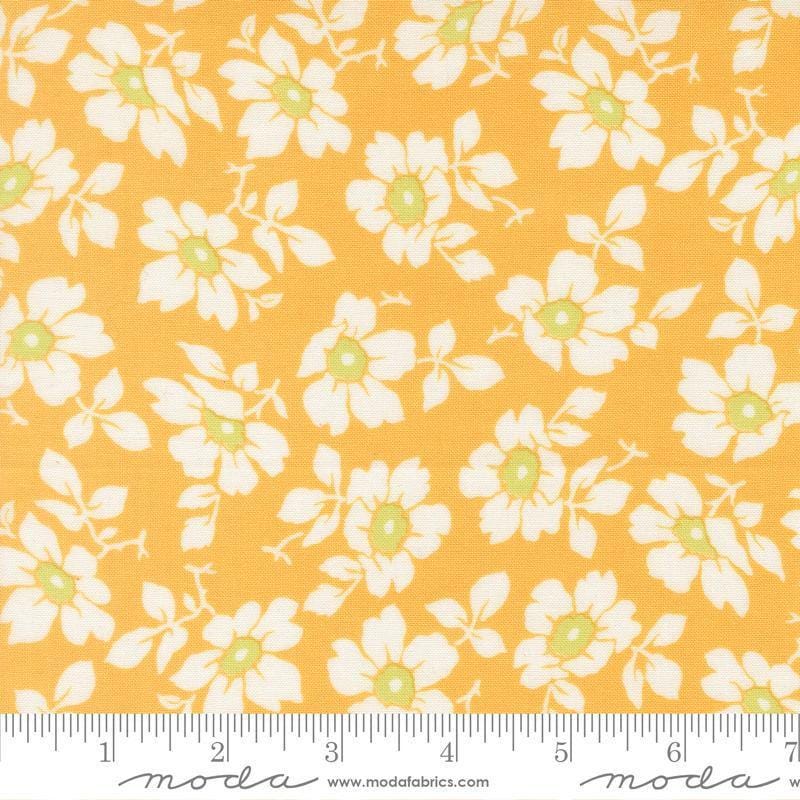 Image of Summers End Cosmos Sunflower quilting cotton fabric by Fig Tree Co for Moda Fabrics. Features flowers on a yellow background. Cute Little Fabric Shop.