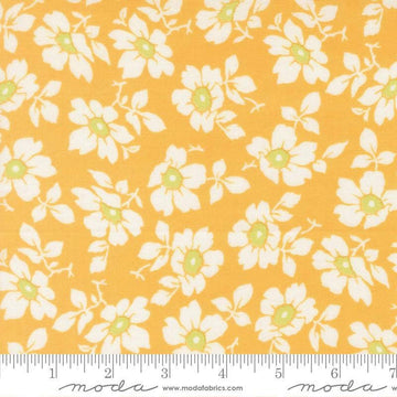 Image of Summers End Cosmos Sunflower quilting cotton fabric by Fig Tree Co for Moda Fabrics. Features flowers on a yellow background. Cute Little Fabric Shop.