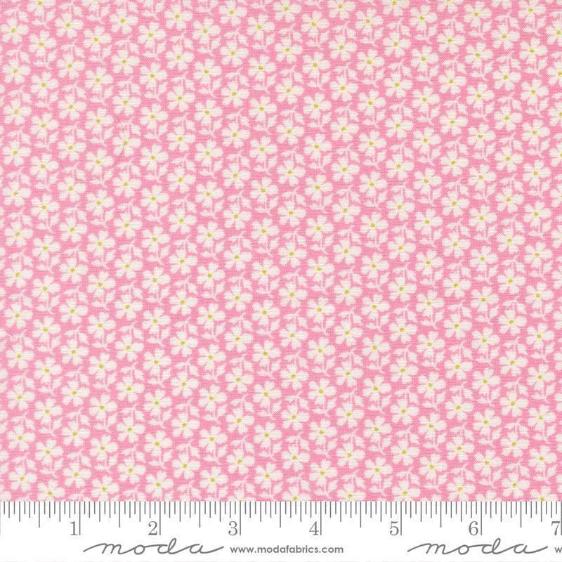 Image of Summers End Daisies Lilac quilting cotton fabric by Fig Tree Co for Moda Fabrics. Features flowers on a pink background. Cute Little Fabric Shop.