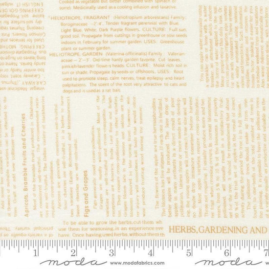 Image of Summers End Text Almond Pie quilting cotton fabric by Fig Tree Co for Moda Fabrics. Features text on a cream background. Cute Little Fabric Shop.