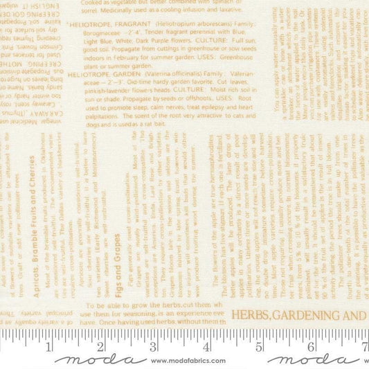 Image of Summers End Text Almond Pie quilting cotton fabric by Fig Tree Co for Moda Fabrics. Features text on a cream background. Cute Little Fabric Shop.