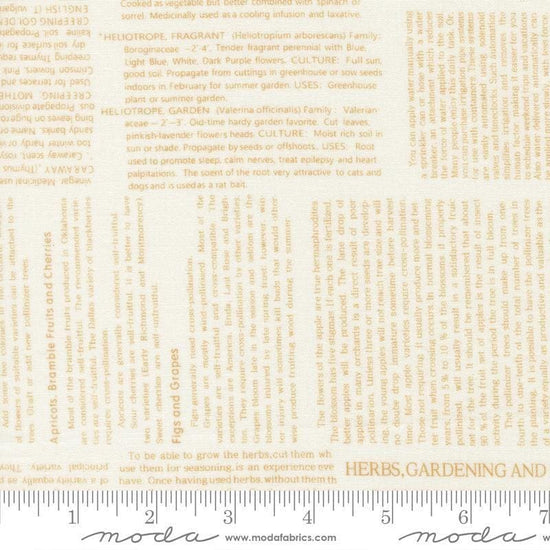 Image of Summers End Text Almond Pie quilting cotton fabric by Fig Tree Co for Moda Fabrics. Features text on a cream background. Cute Little Fabric Shop.