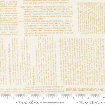 Image of Summers End Text Almond Pie quilting cotton fabric by Fig Tree Co for Moda Fabrics. Features text on a cream background. Cute Little Fabric Shop.