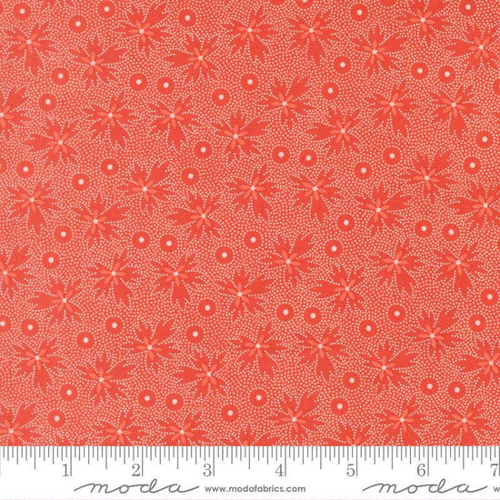 Image of Summers End Geranium Persimmon quilting cotton fabric by Fig Tree Co for Moda Fabrics. Features leaves on a red background. Cute Little Fabric Shop.