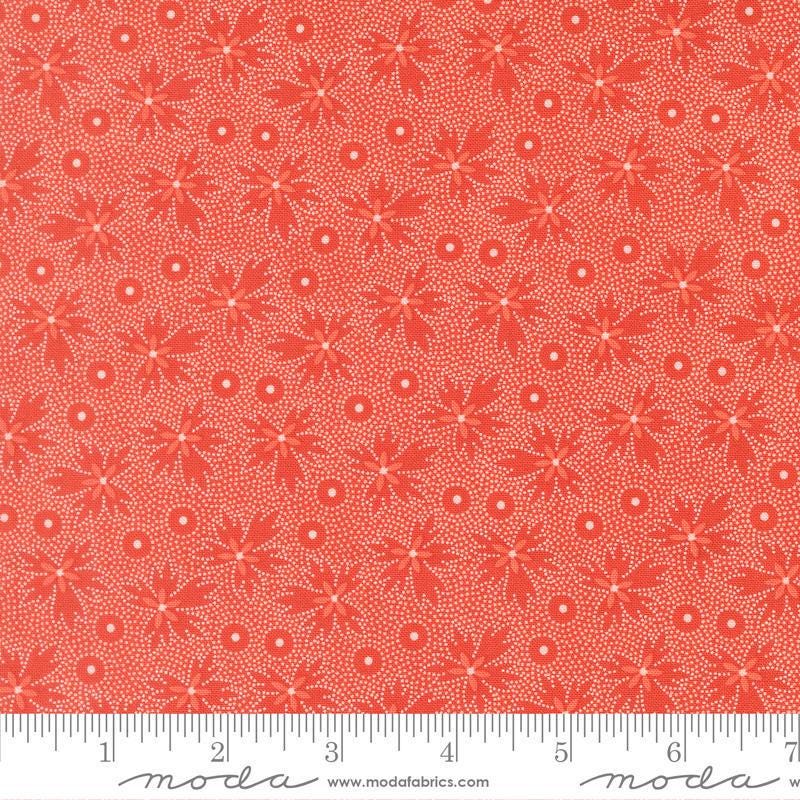 Image of Summers End Geranium Persimmon quilting cotton fabric by Fig Tree Co for Moda Fabrics. Features leaves on a red background. Cute Little Fabric Shop.