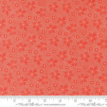 Image of Summers End Geranium Persimmon quilting cotton fabric by Fig Tree Co for Moda Fabrics. Features leaves on a red background. Cute Little Fabric Shop.