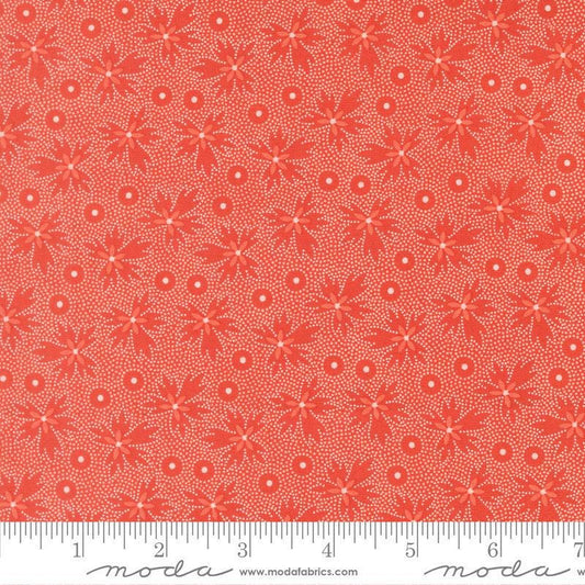 Image of Summers End Geranium Persimmon quilting cotton fabric by Fig Tree Co for Moda Fabrics. Features leaves on a red background. Cute Little Fabric Shop.