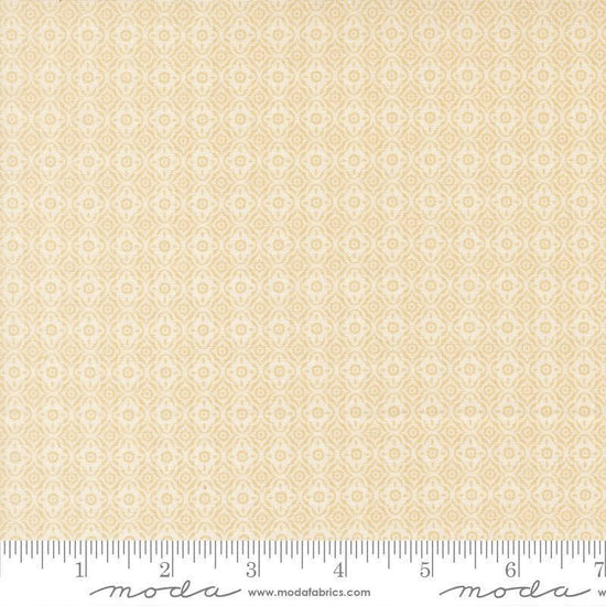 Image of Summers End Trellis Almond Pie quilting cotton fabric by Fig Tree Co for Moda Fabrics. Features a geometric pattern on a beige background. Cute Little Fabric Shop.