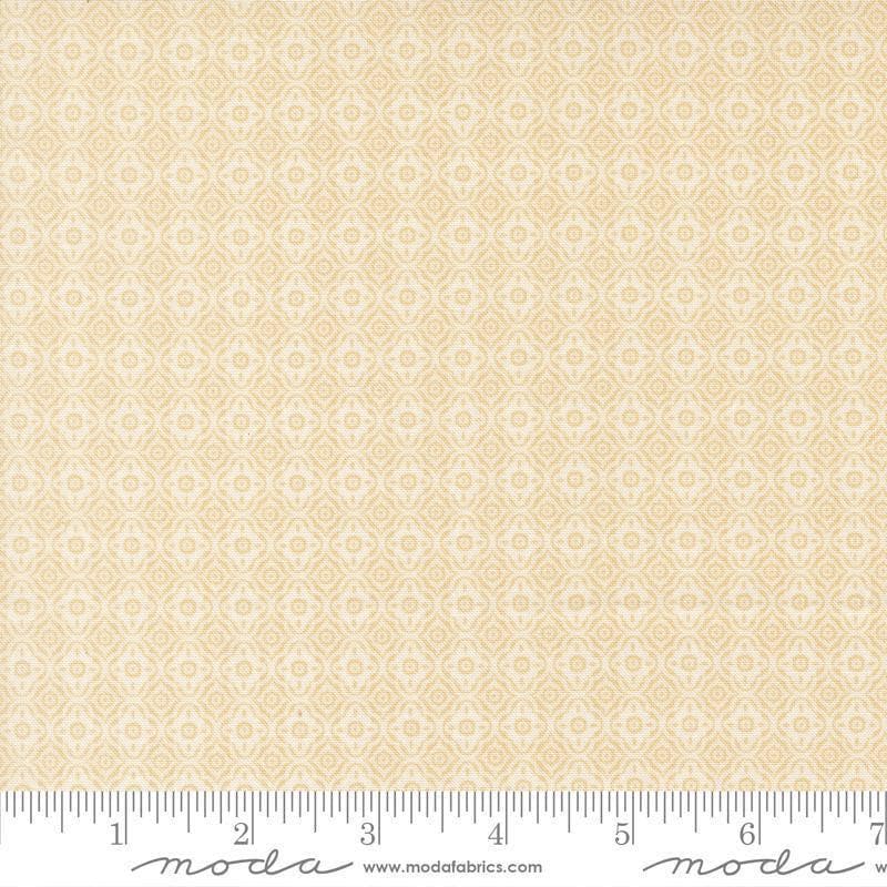 Image of Summers End Trellis Almond Pie quilting cotton fabric by Fig Tree Co for Moda Fabrics. Features a geometric pattern on a beige background. Cute Little Fabric Shop.