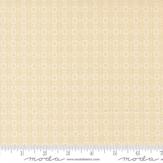 Image of Summers End Trellis Almond Pie quilting cotton fabric by Fig Tree Co for Moda Fabrics. Features a geometric pattern on a beige background. Cute Little Fabric Shop.