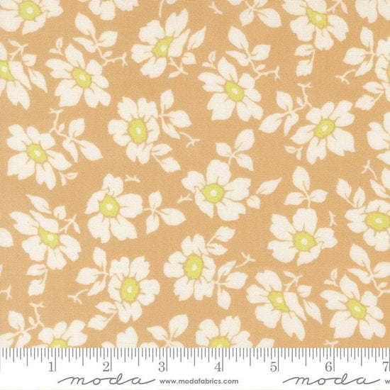 Image of Summers End Cosmos Almond Pie quilting cotton fabric by Fig Tree Co for Moda Fabrics. Features flowers on a tan background. Cute Little Fabric Shop.