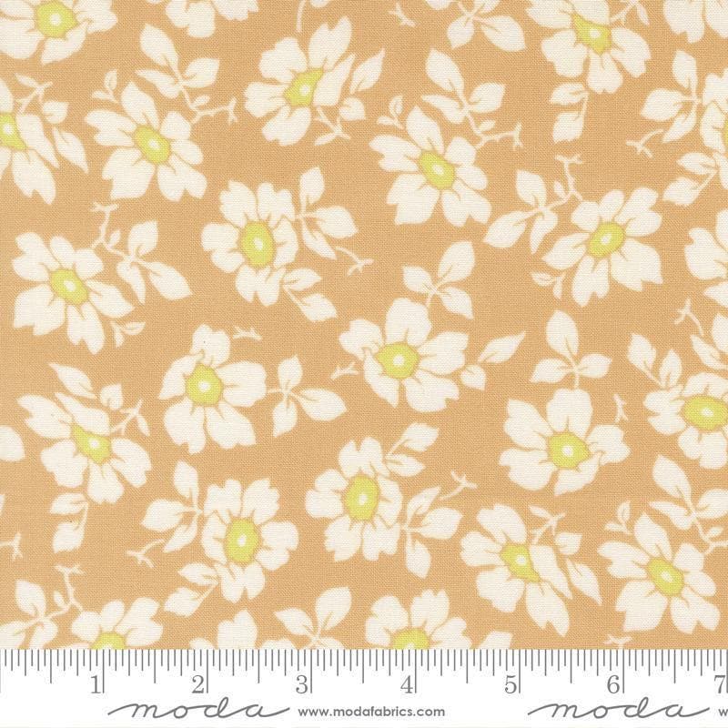 Image of Summers End Cosmos Almond Pie quilting cotton fabric by Fig Tree Co for Moda Fabrics. Features flowers on a tan background. Cute Little Fabric Shop.