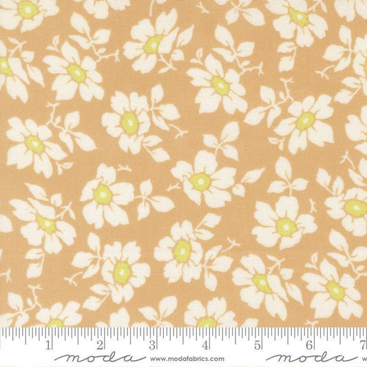 Image of Summers End Cosmos Almond Pie quilting cotton fabric by Fig Tree Co for Moda Fabrics. Features flowers on a tan background. Cute Little Fabric Shop.