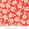 Image of Summers End Cosmos Persimmon quilting cotton fabric by Fig Tree Co for Moda Fabrics. Features flowers on a red background. Cute Little Fabric Shop.