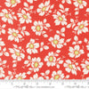 Image of Summers End Cosmos Persimmon quilting cotton fabric by Fig Tree Co for Moda Fabrics. Features flowers on a red background. Cute Little Fabric Shop.