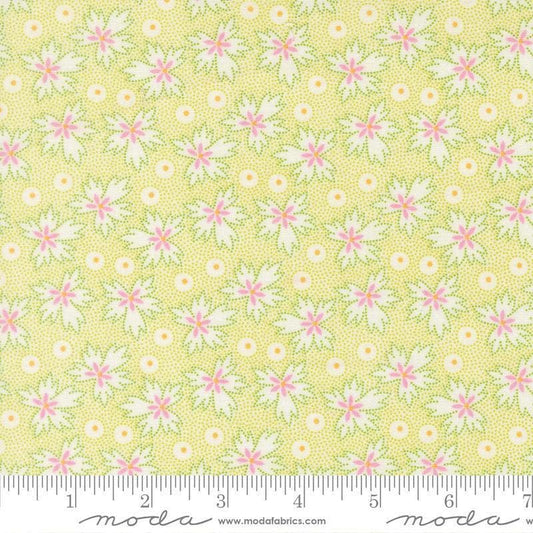 Image of Summers End Geranium Sprout quilting cotton fabric by Fig Tree Co for Moda Fabrics. Features leaves on a green background. Cute Little Fabric Shop.