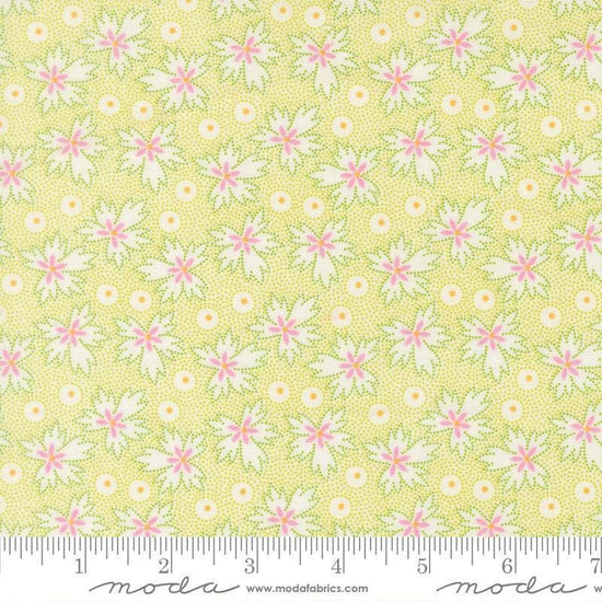 Image of Summers End Geranium Sprout quilting cotton fabric by Fig Tree Co for Moda Fabrics. Features leaves on a green background. Cute Little Fabric Shop.