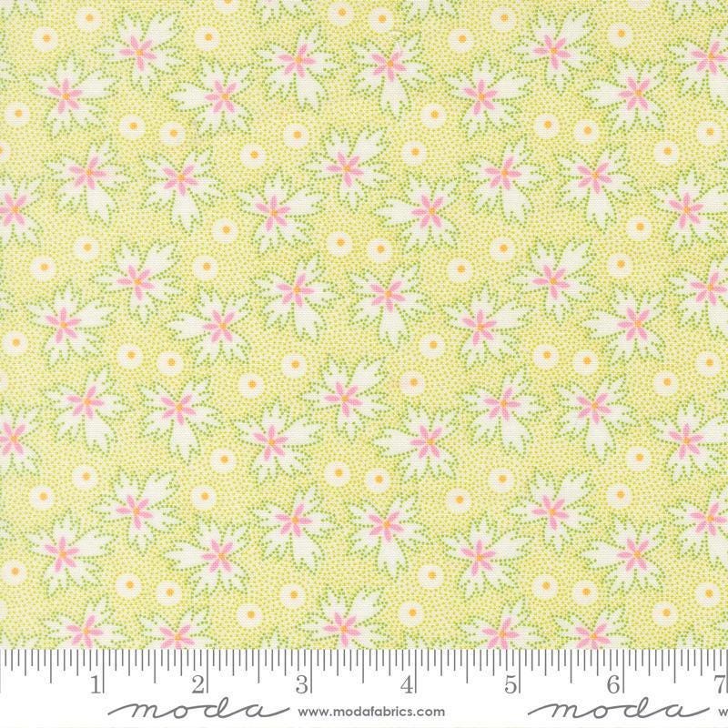 Image of Summers End Geranium Sprout quilting cotton fabric by Fig Tree Co for Moda Fabrics. Features leaves on a green background. Cute Little Fabric Shop.
