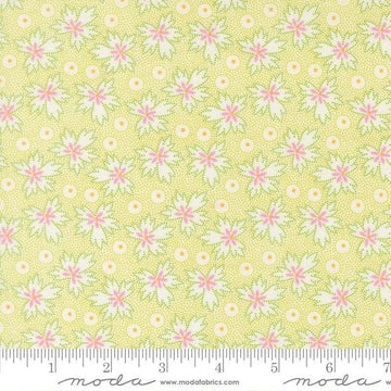 Image of Summers End Geranium Sprout quilting cotton fabric by Fig Tree Co for Moda Fabrics. Features leaves on a green background. Cute Little Fabric Shop.