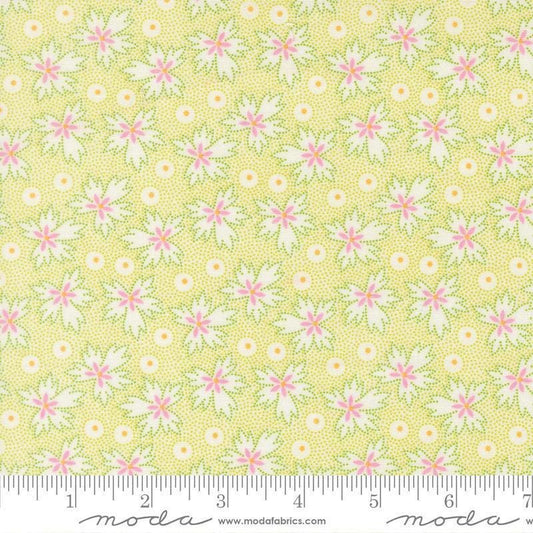 Image of Summers End Geranium Sprout quilting cotton fabric by Fig Tree Co for Moda Fabrics. Features leaves on a green background. Cute Little Fabric Shop.