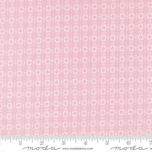 Image of Summers End Trellis Lilac quilting cotton fabric by Fig Tree Co for Moda Fabrics. Features a geometric pattern on a pink background. Cute Little Fabric Shop.