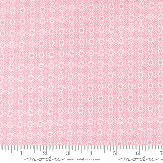 Image of Summers End Trellis Lilac quilting cotton fabric by Fig Tree Co for Moda Fabrics. Features a geometric pattern on a pink background. Cute Little Fabric Shop.