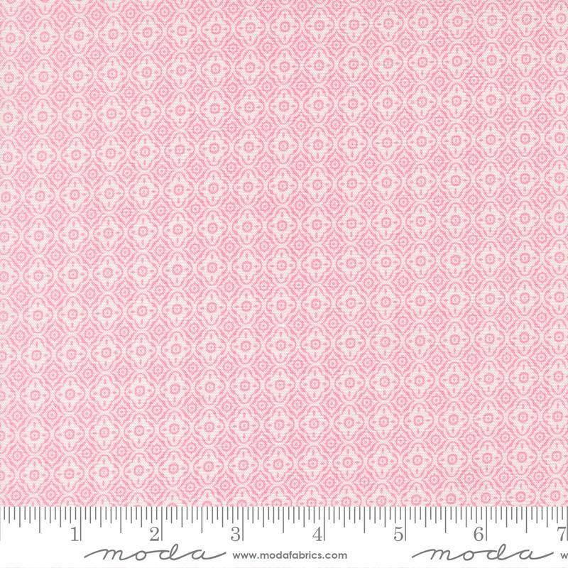 Image of Summers End Trellis Lilac quilting cotton fabric by Fig Tree Co for Moda Fabrics. Features a geometric pattern on a pink background. Cute Little Fabric Shop.