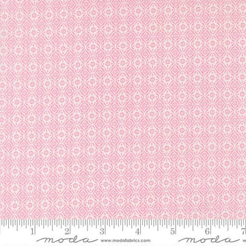 Image of Summers End Trellis Lilac quilting cotton fabric by Fig Tree Co for Moda Fabrics. Features a geometric pattern on a pink background. Cute Little Fabric Shop.