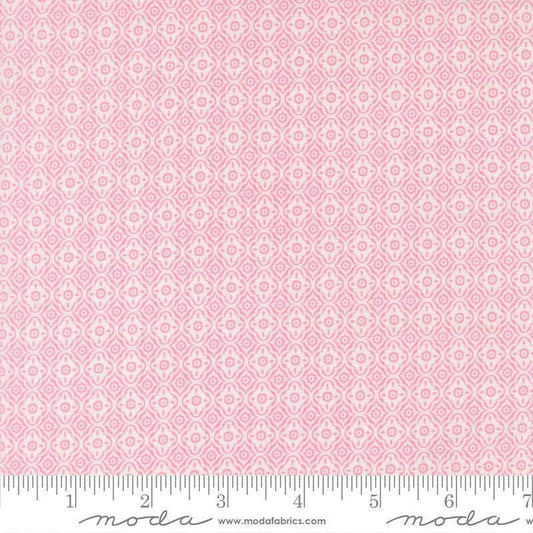 Image of Summers End Trellis Lilac quilting cotton fabric by Fig Tree Co for Moda Fabrics. Features a geometric pattern on a pink background. Cute Little Fabric Shop.