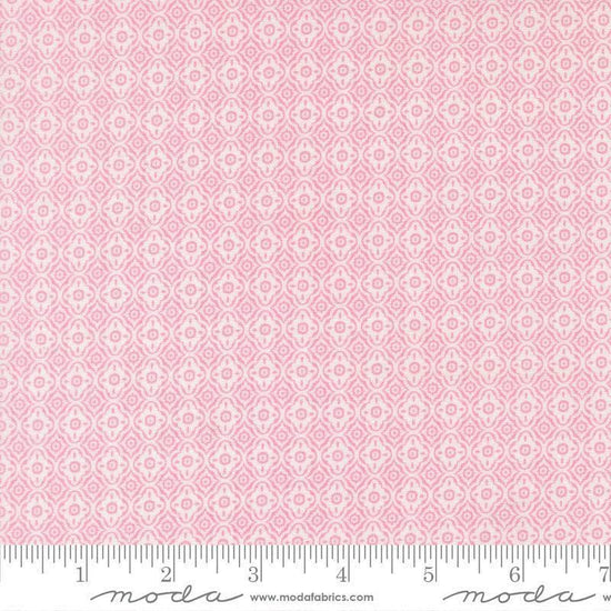 Image of Summers End Trellis Lilac quilting cotton fabric by Fig Tree Co for Moda Fabrics. Features a geometric pattern on a pink background. Cute Little Fabric Shop.