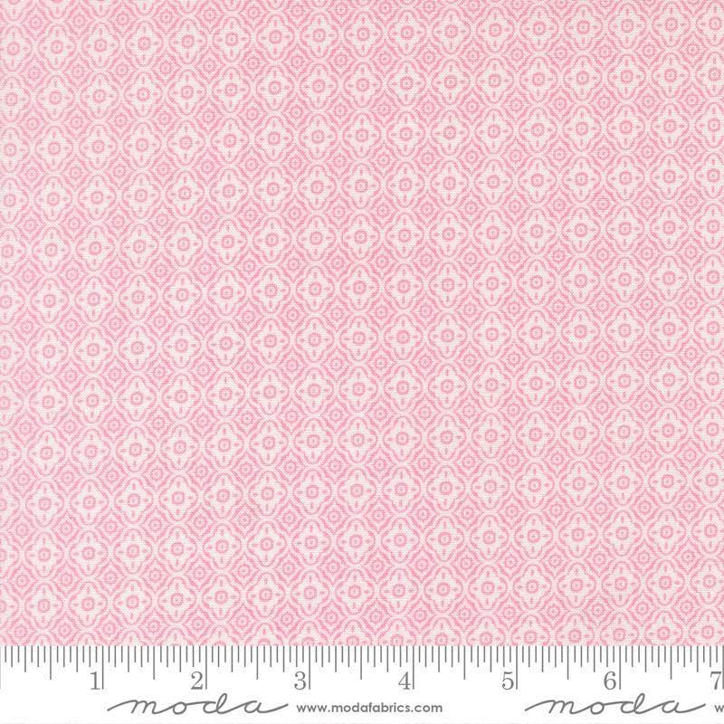 Image of Summers End Trellis Lilac quilting cotton fabric by Fig Tree Co for Moda Fabrics. Features a geometric pattern on a pink background. Cute Little Fabric Shop.